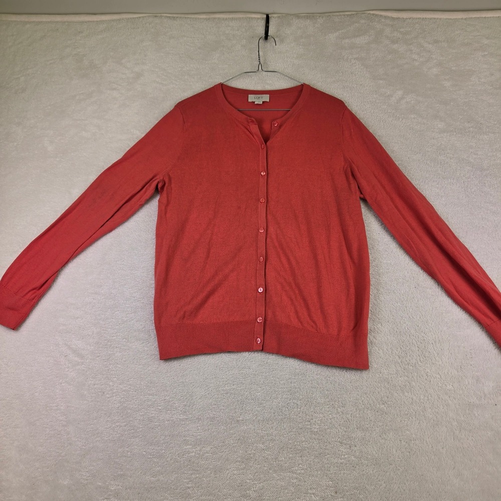 Loft Outlet Womens Large Coral Red Button Front Crew Neck Long Sleeve Cardigan